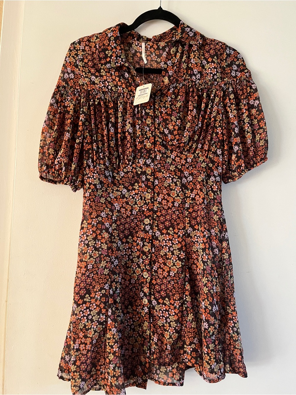 Free People Floral Button-Front Mini Dress in Black and Rust